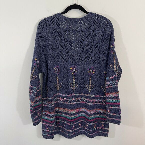 Vtg Express Tricot Navy Rainbow Flowers Oversized Whimsical Cardigan - Picture 7 of 7